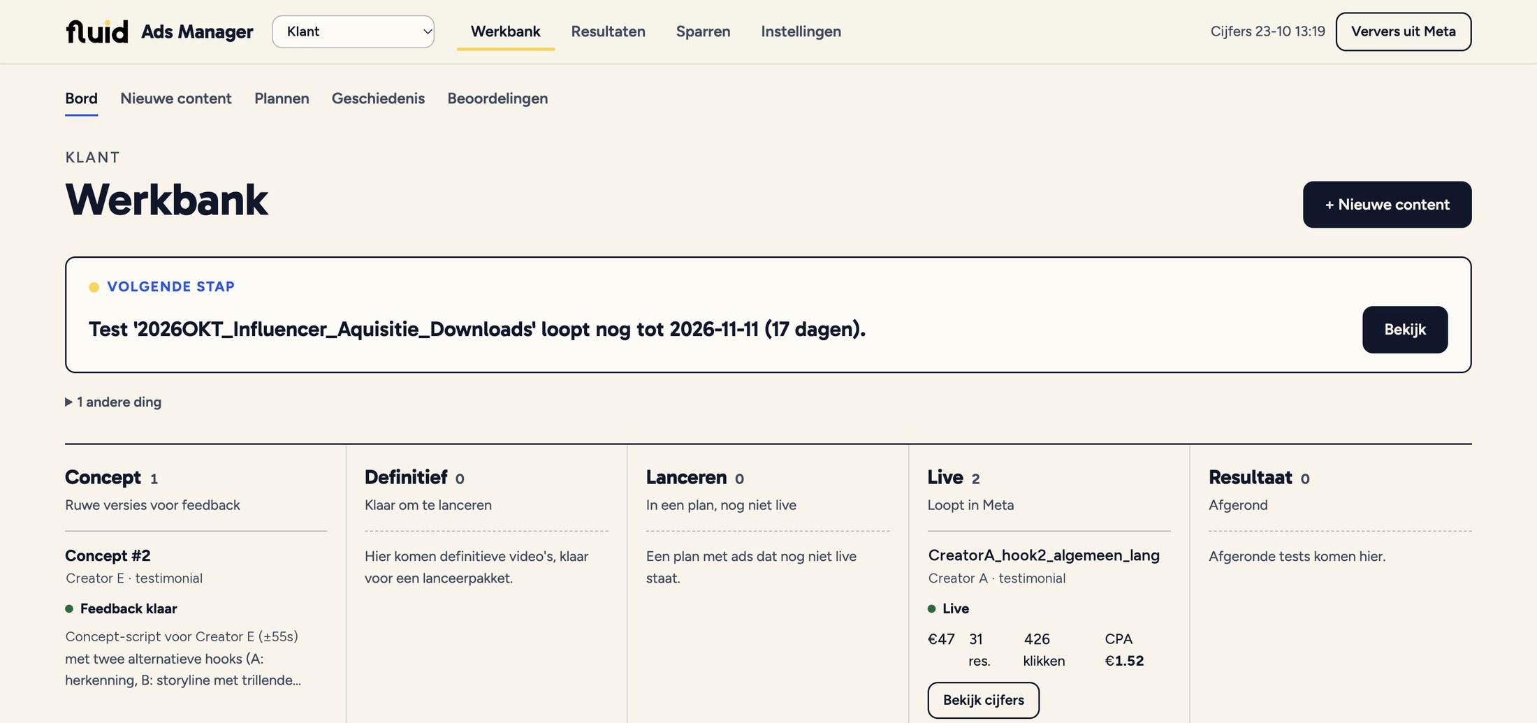 De werkbank van Ads Planner met de stappen Concept, Definitief, Lanceren, Live en Resultaat, en een ad die live staat met resultaten, klikken en kosten per result (voorbeeldgegevens)