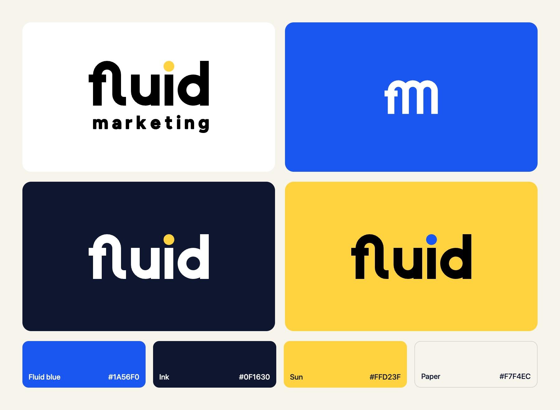 Huisstijlbord van Fluid Marketing: het logo met woordmerk, het fm-monogram, het woordmerk op donker en geel, en de kleuren blauw, inkt, zon en papier